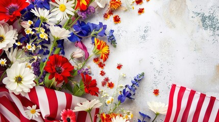 Obraz premium Flag Day Flower Background: Weaving Blooming Flowers with the National Flag, Spreading a Magnificent Chapter of the Integration of National Flag's Dignity and a Multitude of Colors
