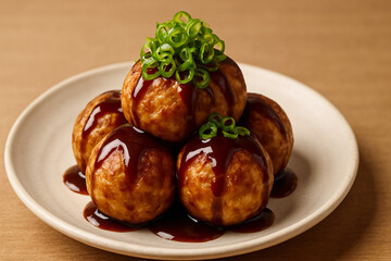 Delicious Takoyaki Octopus Balls with Sauce and Green Onion
