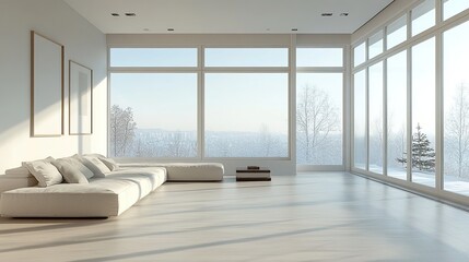 A modern minimalist living room interior with Scandinavian furniture in neutral tones, large windows bringing in plenty of natural light, abstract wall art, clean lines and smooth design.