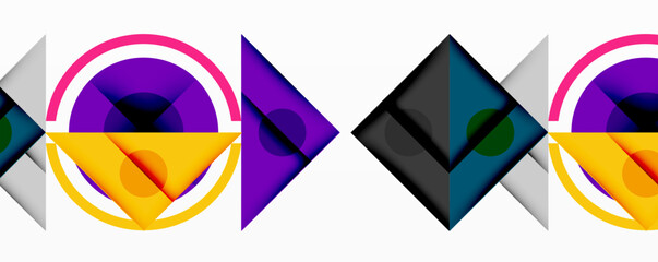Abstract geometric shapes, vibrant colors, overlapping circles, triangles. Modern design, clean lines, minimalist aesthetic.