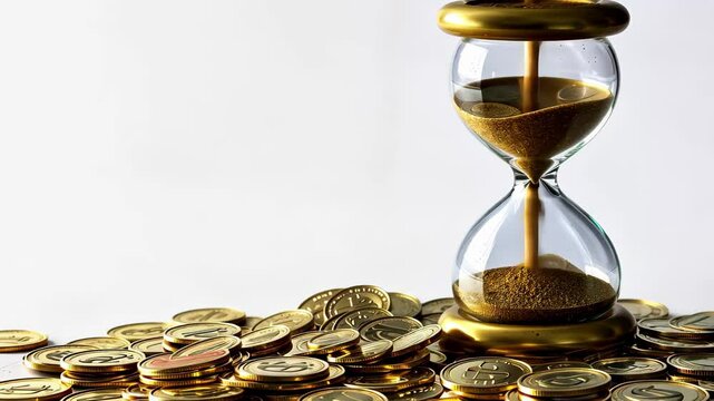 Time is money concept illustrated with an hourglass filled with sand next to a pile of gold coins, symbolizing the value of time in financial matters and decision making