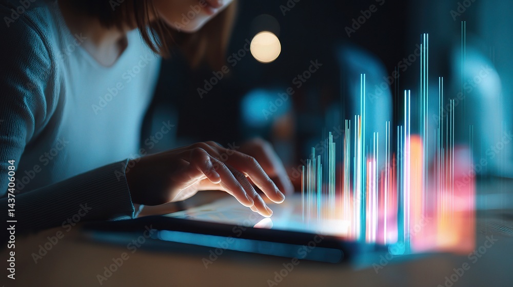 Poster woman using tablet to interact with dynamic data visualizations