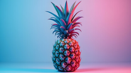 Tropical pineapple fruit in vivid duotone colors, blue and pink gradient backdrop, low perspective