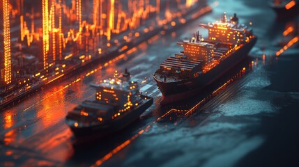 Two container ships docked at a city's port, illuminated with warm, digital energy
