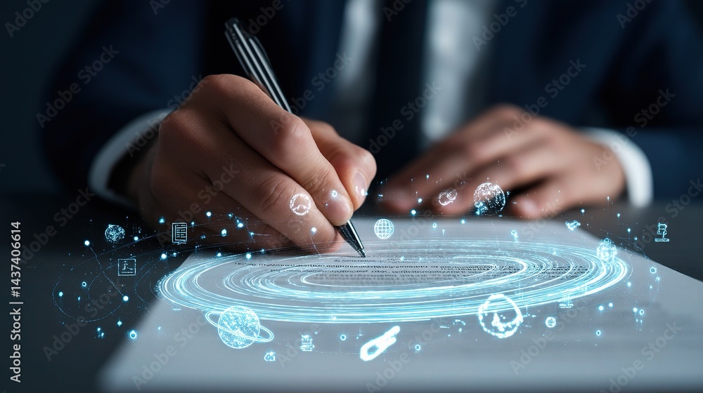 Poster man in formalwear signing a contract with futuristic elements