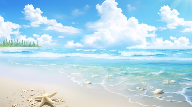 White clouds float in the blue sky, and the sunlight illuminates the sea surface. The waves gently hit the beach, rolling up white waves. Colorful starfish stand out, while shells and sand scatter