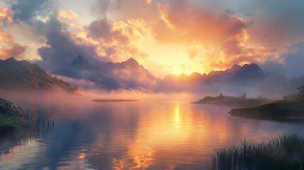 Fototapeta premium Scenic sunrise over a serene lake surrounded by mist-covered hills