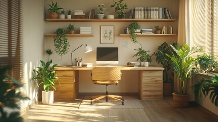 Minimalist modern home office workspace with wooden desk and ergonomic chair, books and green plants on shelves, soft natural shadows and studio lighting in isometric perspective.