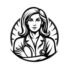 Illustrated Brunette Woman Doctor with Stethoscope and Crossed Arms Inked Design