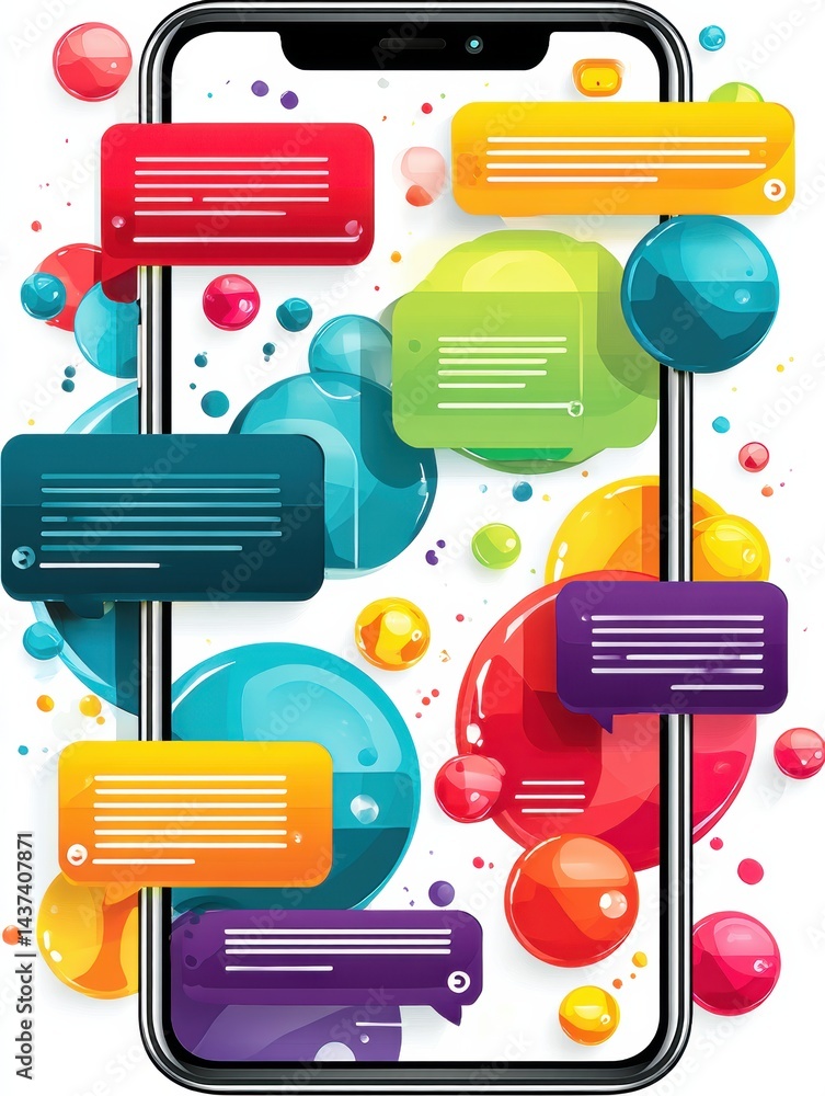 Aufkleber Smartphone Displays Vibrant Chat Interface With Colorful Message Bubbles and Abstract Background During a Digital Communication Session