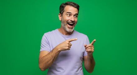 Joyful Middle-Aged Man Pointing, Studio Shot Green Background