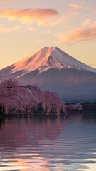 Fototapeta premium Dramatic sunrise over Mount Fuji with cherry blossoms and reflection