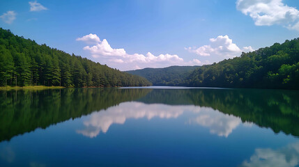 Fototapeta premium Serene mountain lake reflecting the surrounding forest and blue sky