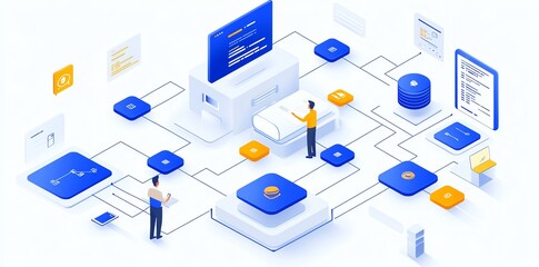 Obraz premium Isometric Network System: Data Flow and User Interaction