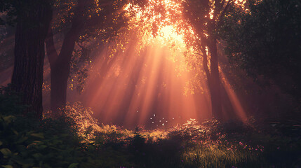 Sunset over a tranquil forest with rays of light breaking through trees