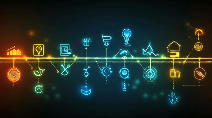 Technology evolution timeline concept with glowing symbols