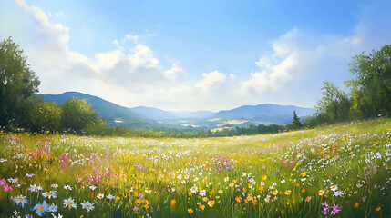 Fototapeta premium Tranquil meadow with wildflowers under a clear sunny sky