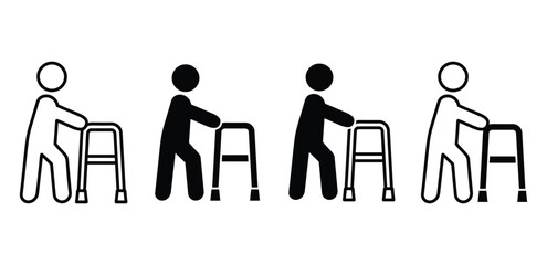 Icons of Person Using a Walker for Mobility Assistance Black and White Color Vector Design Illustration