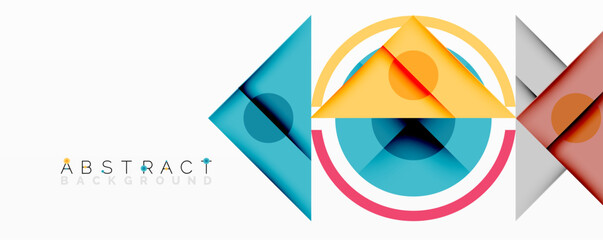 Geometric shapes overlap creating colorful abstract design. Modern composition uses circles, triangles, squares. Bright hues dominate.
