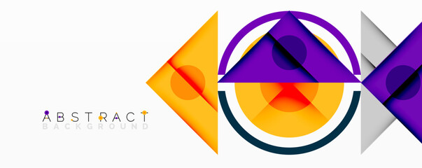 Modern abstract design. Geometric shapes overlap, creating vibrant color contrasts. Orange, purple, gray dominate composition.
