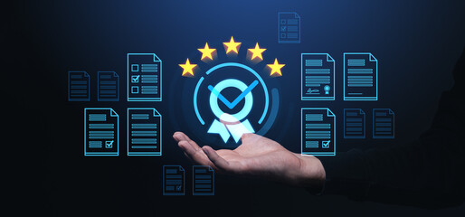 Quality assurance certification icon above hand with digital documents and stars on dark background.