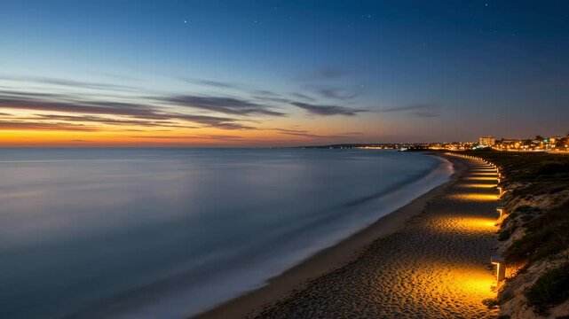 Serene Beach Sunset with Lights Illuminating the Shoreline and Gentle Waves