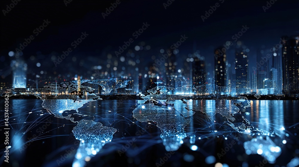 Poster night skyline with hologram map displaying data above water surface