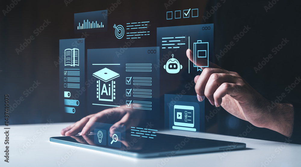 Poster human interacting with futuristic ai interface on tablet in dark environment.