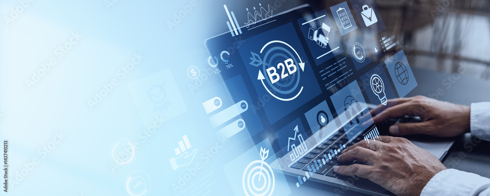Poster businessman using laptop with b2b digital interface icons on transparent screen.