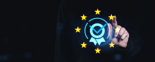European compliance and quality assurance concept with digital checkmark badge icon. - obrazy, fototapety, plakaty