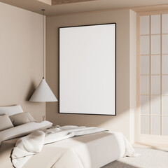 Vertical blank poster mockup in cozy minimalist bedroom interior with soft natural lighting and wooden Japanese-style elements on the wall. 3D Rendering