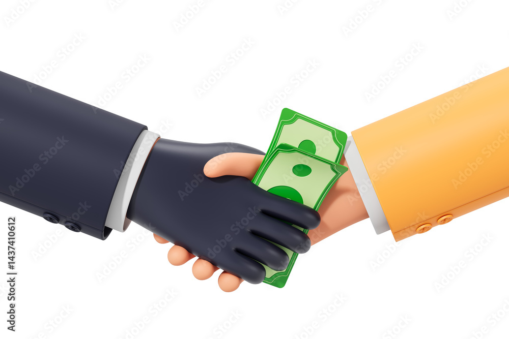 Poster 3d rendering of handshake with hidden cash symbolizing corruption and bribery concept in business en
