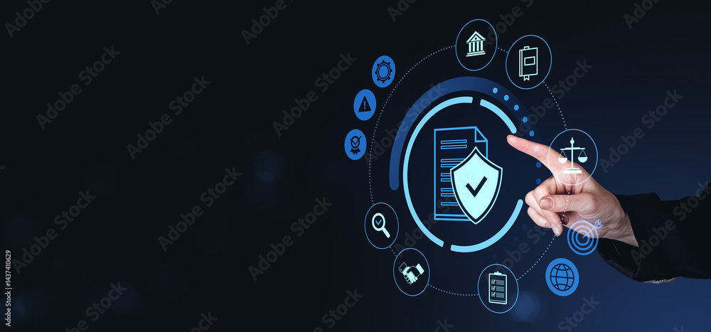 Poster digital compliance and data security icons with hand interacting on dark background.