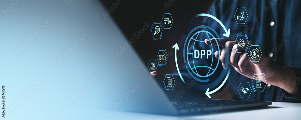 Poster digital product passport concept with icons around user interacting on laptop screen.