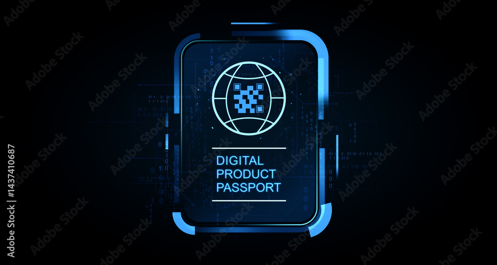 Poster digital product passport futuristic interface with qr globe icon on glowing screen in cyber style co