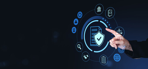 Digital compliance and data security icons with hand interacting on dark background.