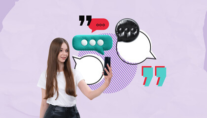 Young woman taking selfie with colorful speech bubbles on purple