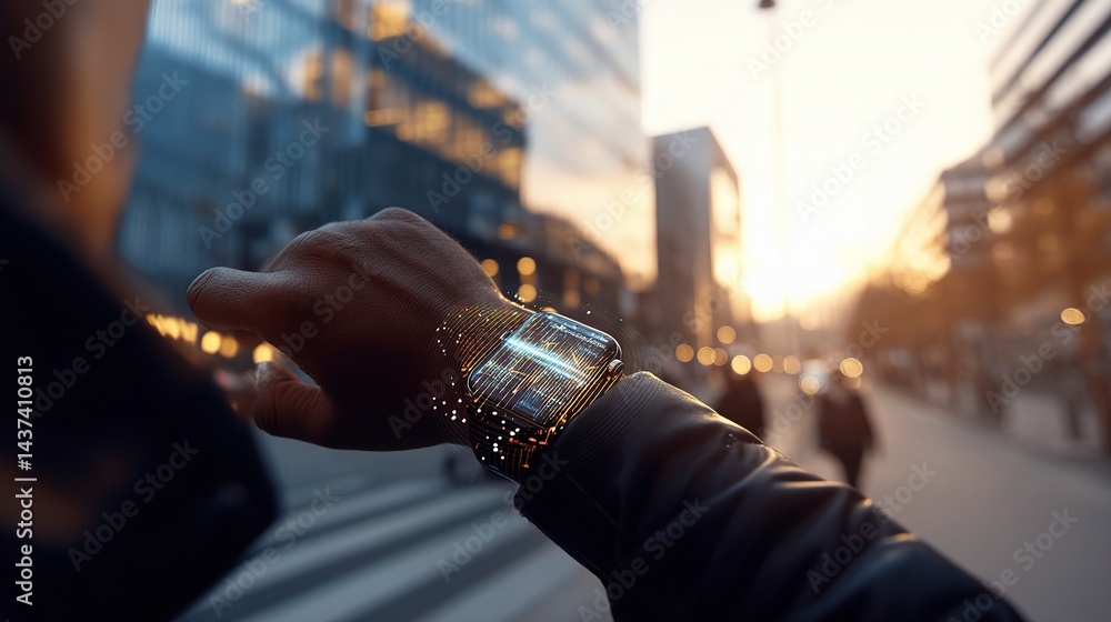 Poster advanced smartwatch displaying biometric data with urban background