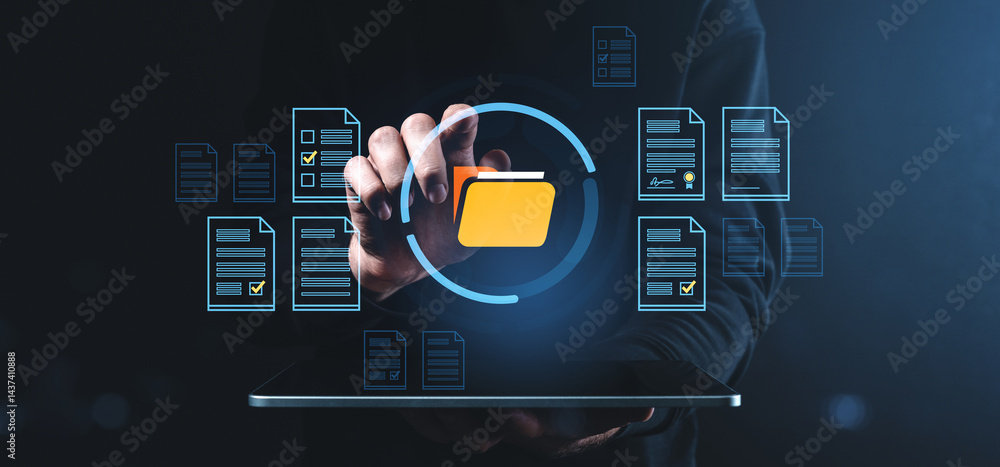 Poster digital file management with folder icon and documents on virtual interface screen.
