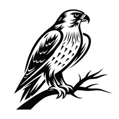 Detailed Black and White Stylized Hawk Resting on a Branch Perched up