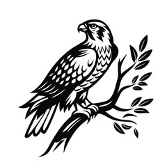 Minimalist Black Silhouette of an Eagle Perched on a Branch on White Background