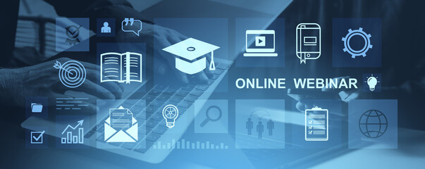 Online education webinar with digital learning icons overlay on keyboard background.