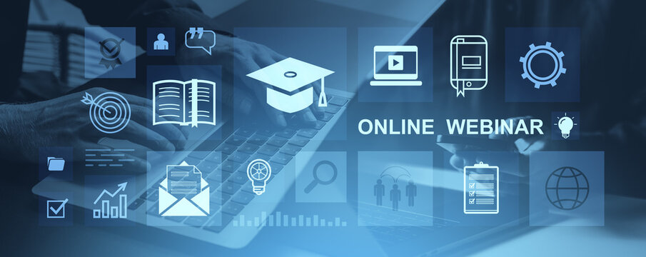 Online education webinar with digital learning icons overlay on keyboard background.