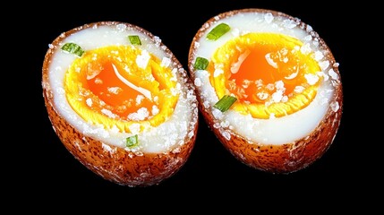 Close Up of Two Halves of a Salted Soft Boiled Egg with Herbs