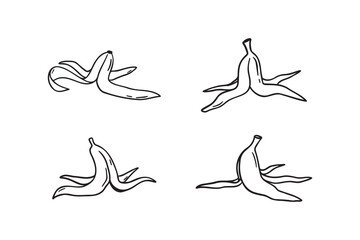 Obraz premium banana peel doodle hand drawn icon set. Outline drawing banana peel line clipart symbol