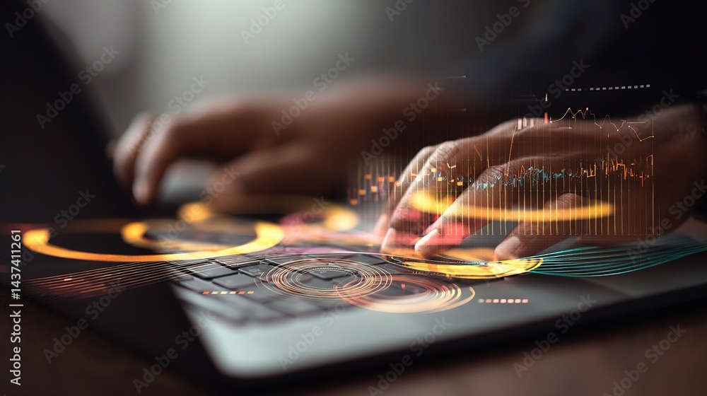 Poster hands using laptop to analyze data with circular graphs and charts