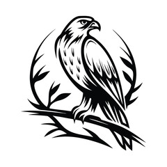 Stylized Eagle Silhouette on Branch, Bold Black and White Design, Perched Bird, Circle