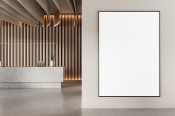 Blank poster mockup on wall in modern reception interior with wood panel background and decorative ceiling elements. 3D Rendering