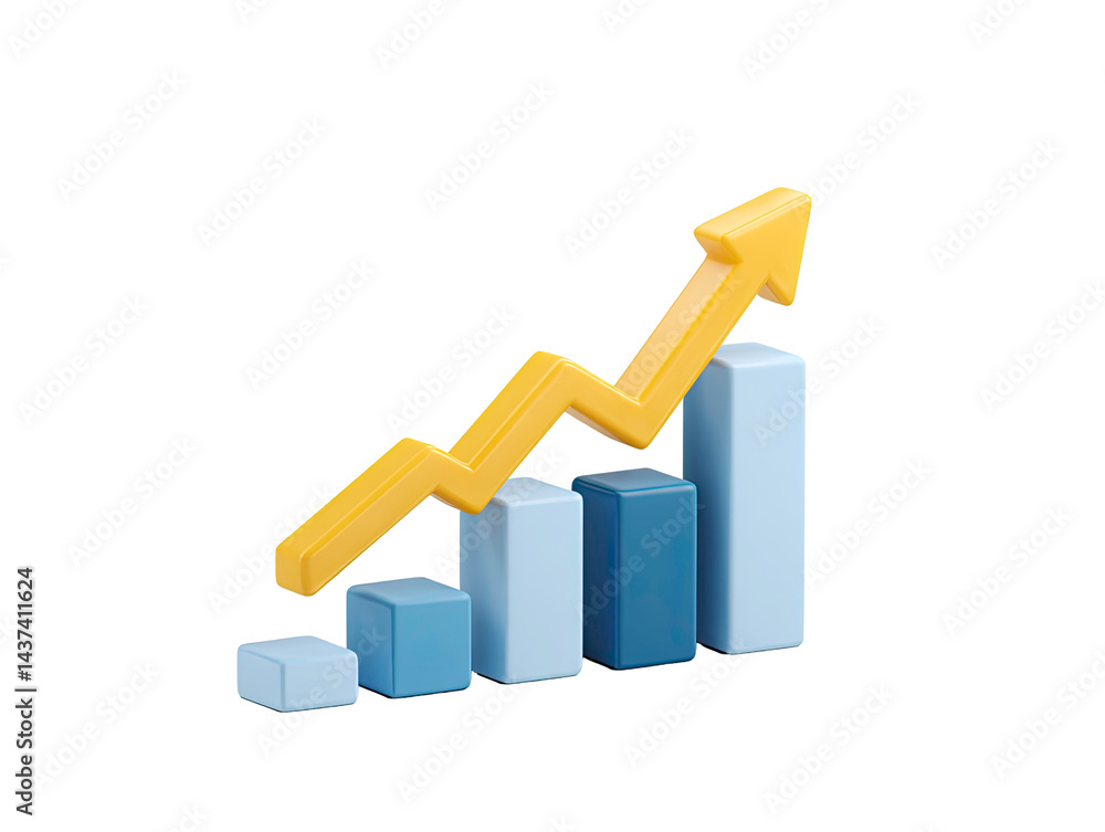 Poster 3d render of upward trending bar graph with yellow arrow showing growth and success