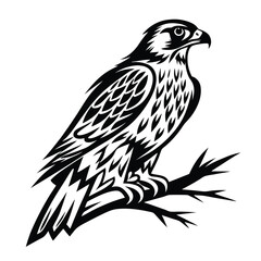 Stylized Peregrine Falcon Sitting on Branch, Black and White Bird Silhouette Design